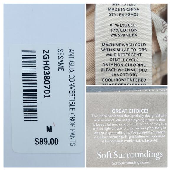 NWT Soft Surroundings Pants Straight Releaxed Ankle Crop Roll Tab Sesame Khaki M - Picture 9 of 9